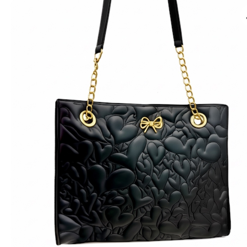 Betsey Johnson Black Quilted Heart Tote Bag Gold Chain Shoulder Bag Tote - Picture 2 of 8